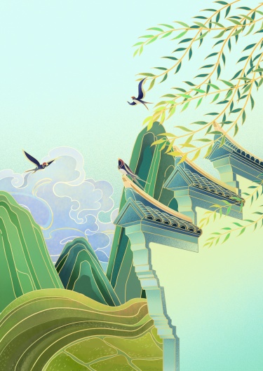 二十四节气清明节手绘插画，中国风海报设计，中国传统节日，蓝绿色描金背景素材模板