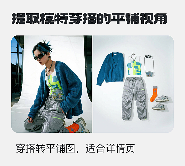 提取模特穿搭的平铺视角