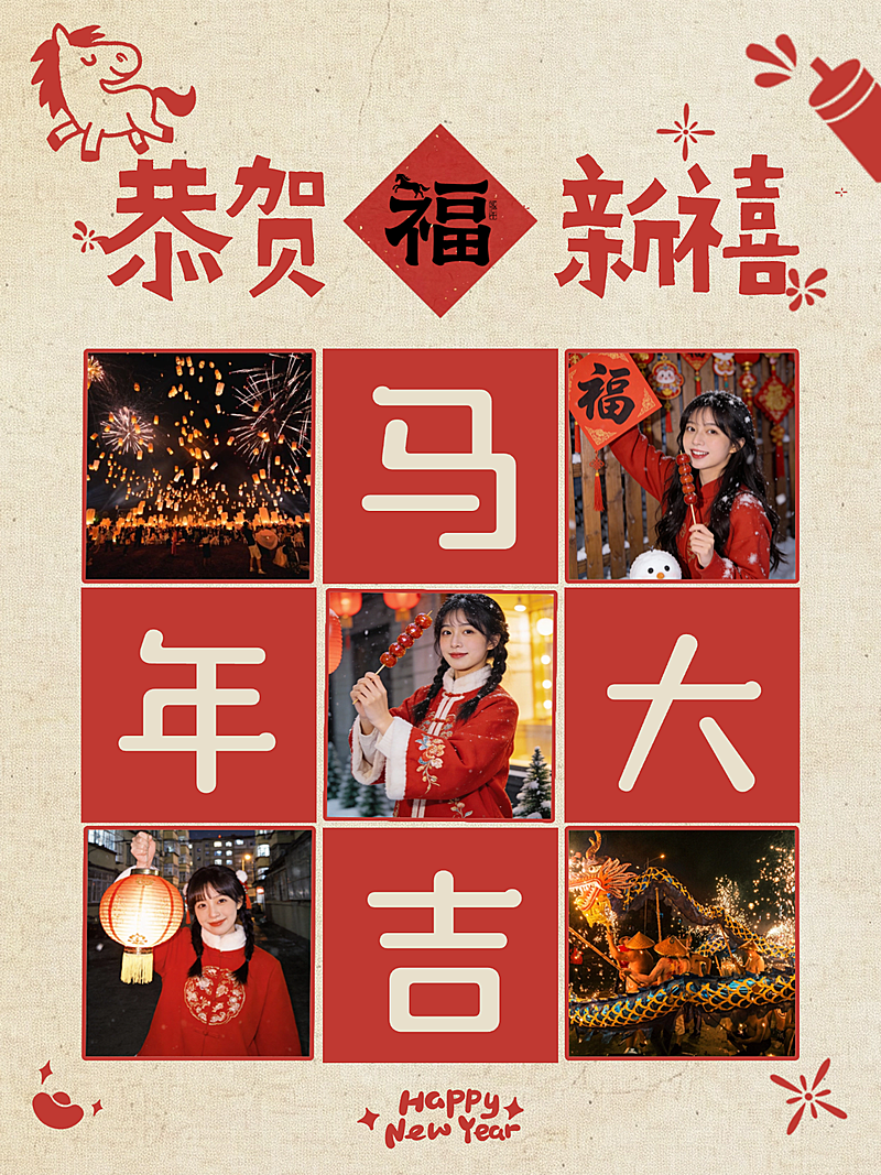 春节个人生活晒照喜庆感拼图小红书封面