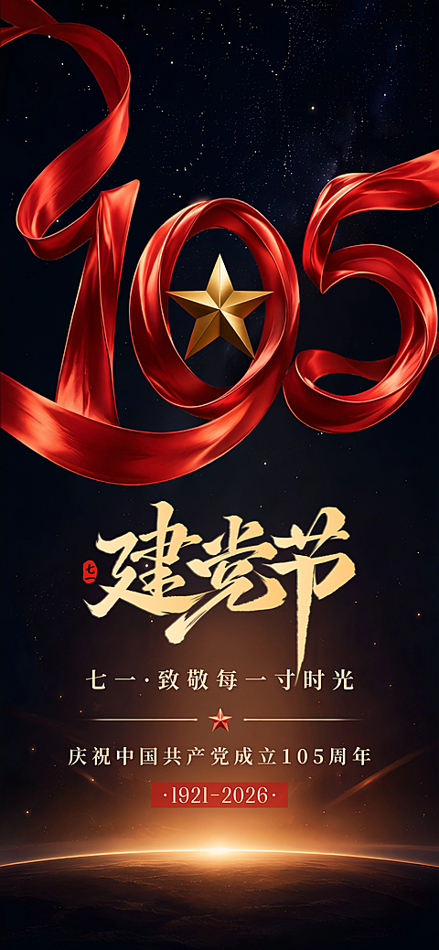 建党节创意红绸大字喜庆感节日通用祝福全屏竖版海报