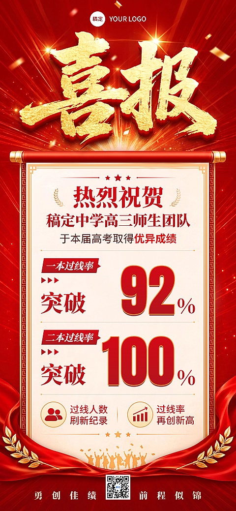 高考喜报教育培训录取人数红金喜庆感全屏竖版海报