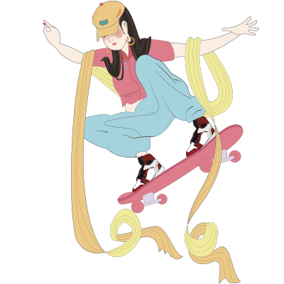 中国风人物插画-女孩滑滑板