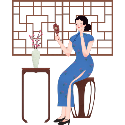 中国风人物插画素材-旗袍女人化妆
