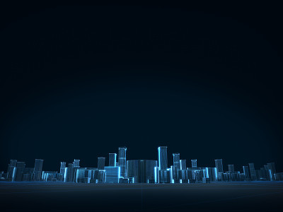 3D render of city x-ray blue transparent on dark background.