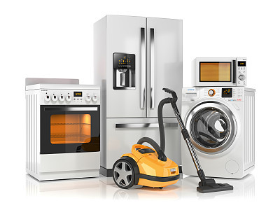 Set of home appliances. Refrigerator, washing machine, microwave oven, stove and vacuum cleaner