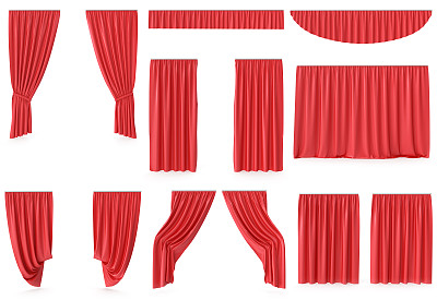 Luxury red silk velvet curtains decoration design, ideas, set collection isolated on white background. 3d rendering