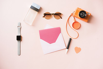 Womens accessories on tabletop flat lay, empty greeting card