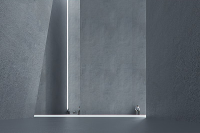 Lonely men in futuristic concrete urban environment