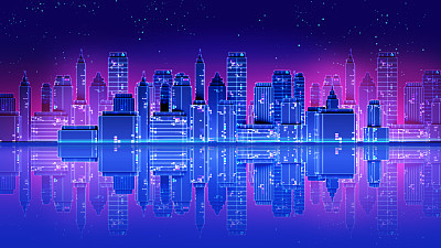 Retro futuristic skyscraper city 1980s style 3d illustration.