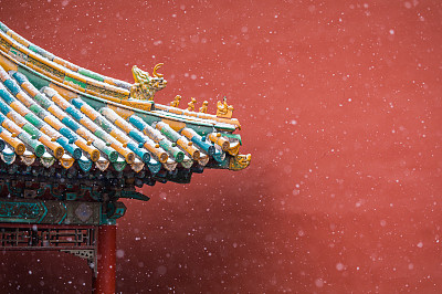 Chinese Traditional style pavilion with Colorful roof In the snow
