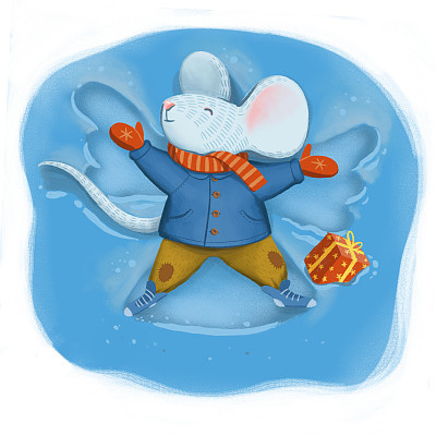 Digital illustration about a mouse in warm coat scarf and pants leys on snow and makes an angel figure