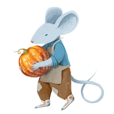 A gray mouse in blue jacket and brawn pants holds the orange pumpkin