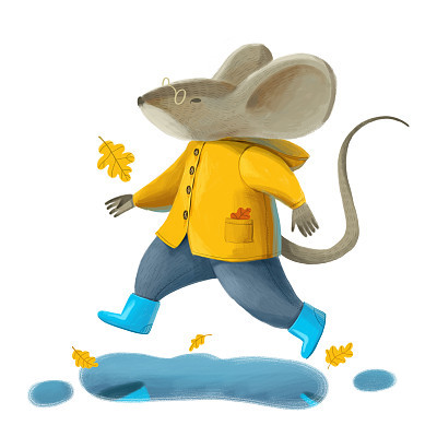Digital painting on white background. A mouse in a yellow coat and blue boots jumps over a puddle