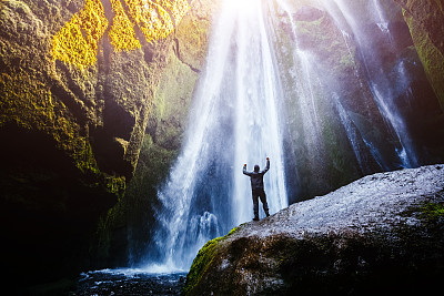 Perfect view of famous powerful Gljufrabui cascade in sunlight. Location place Iceland, sightseeing Europe.