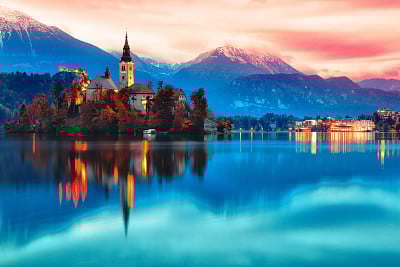 Night scene of Bled lake in Slovenia