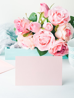 Blank paper pink card Valentine's day and roses invitation