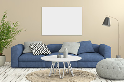 Minimalist modern interior living room with sofa and poster frame