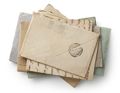 Pile of old letters isolated. Photo with clipping path.