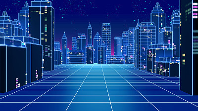 Retro futuristic skyscraper city 1980s style 3d illustration.
