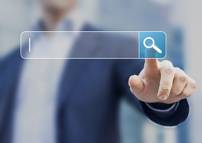 Search button on virtual screen pressed with finger