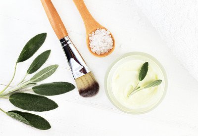 Herbal botanical facial mask with salvia. Ingredients for home spa top view