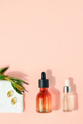 Natural cosmetic concept. Skin beauty health care concept. Bio organic serum product Flat lay