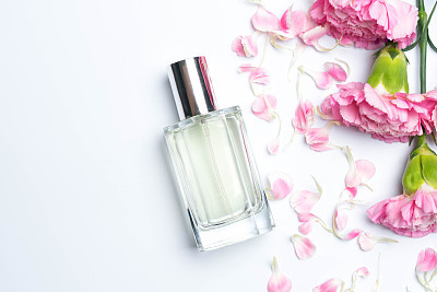 Beautiful perfume bottles  and pink carnations on white background