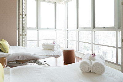 Massage room in a luxury spa, massage tables, no people