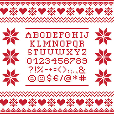 Cross stitch uppercase alphabet with numbers and symbols pattern, embroidery design