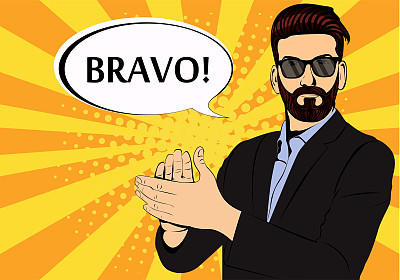 Hipster beard businessman applause bravo concept of success retro style pop art