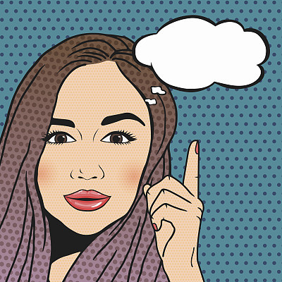 Vector Pop-art brunette woman thinking and pointing upwords, speech bubble