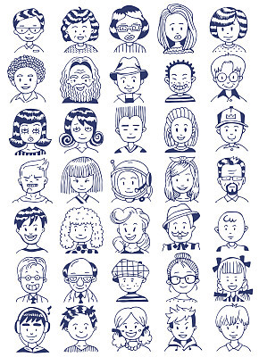 People Portrait Set. Collection of Various Men and Women Faces. Hand Drawn Line Art Cartoon Vector illustration.
