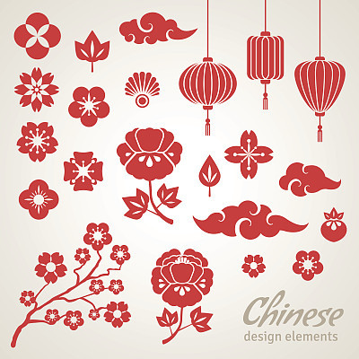 Chinese Decorative Icons, Clouds, Flowers and Chinese Lights