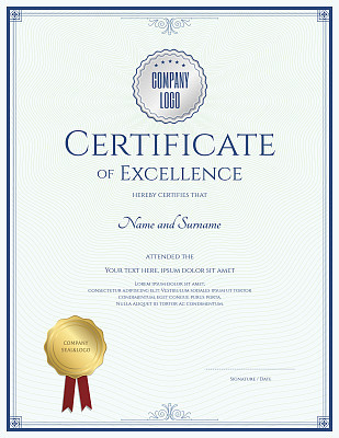 Certificate of excellence template  with gold seal and blue border