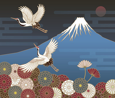 Fuji mountain, Cranes and Chrysanthemum flowers, Japanese traditional pattern
