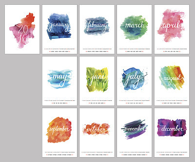 Year 2016 vector wall calendar with watercolor textures
