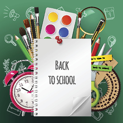Back to school poster, colorful school supplies: copybook, paint, watercolor, brush, pencil, ruler, alarm clock, scissors on the  green background. Vector illustration. EPS 10
