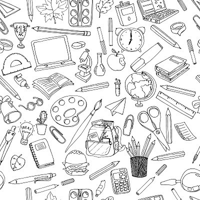 Colorful school  pattern. Seamless texture with pencils, books, chalkboard and different objects.  Doodle vector elements. Back to school background.