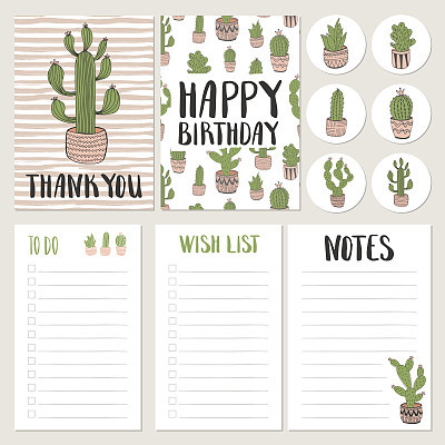 Set of hand drawn cactus cards and planners