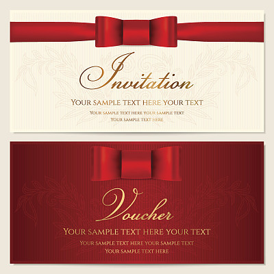 Voucher, Gift certificate / card, Coupon, Invitation template with red bow