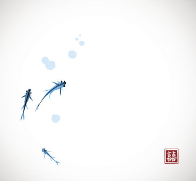 Little blue fishes hand drawn with ink on white background. Contains hieroglyph - double luck.Traditional oriental ink painting sumi-e, u-sin, go-hua.