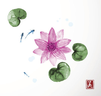 Little fishes and pink lotus flowers hand drawn with ink on white background. Contains hieroglyph - beauty. Traditional oriental ink painting sumi-e, u-sin, go-hua.