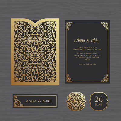 Wedding invitation or greeting card with vintage ornament. Paper lace envelope template. Wedding invitation envelope mock-up for laser cutting. Vector illustration.