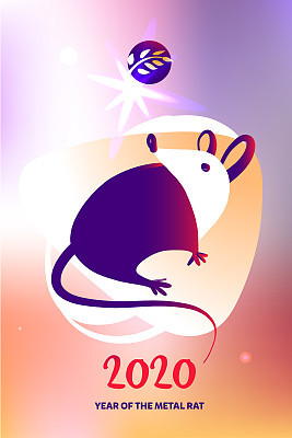 Template image for Happy new year party with violet rat, mice on color background. Lunar horoscope sign mouse