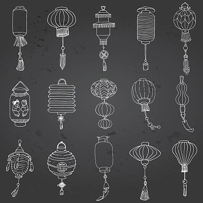 Hand Drawn Set of Different Chinese Paper Street Lanterns.Doodle Style.