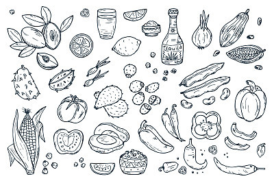 Mexico Vector set. Mexican Food. Fresh Fruits, Vegetables, Tequila