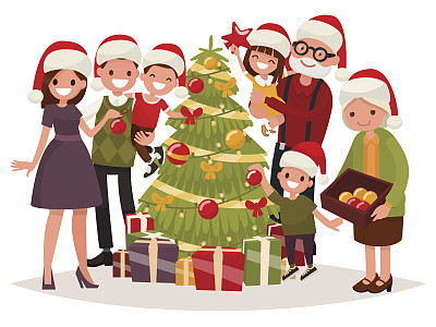 Big happy family decorates the Christmas tree. Vector illustration