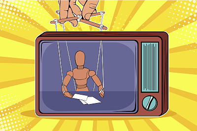 The correspondent as the doll controls the puppeteer. Fake News on TV. Colorful vector illustration in pop art retro comic style