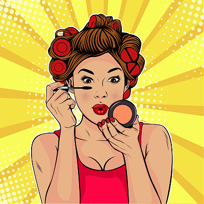 The beauty of the face. Make-up, woman brush causes the tone to the face. Vector Illustration in pop art retro comic style.
