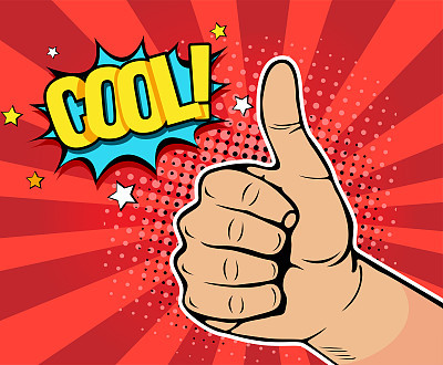 Pop art background with male hand showing thumb up with inscription Cool. Vector colorful hand drawn illustration with halftone in retro comic style.